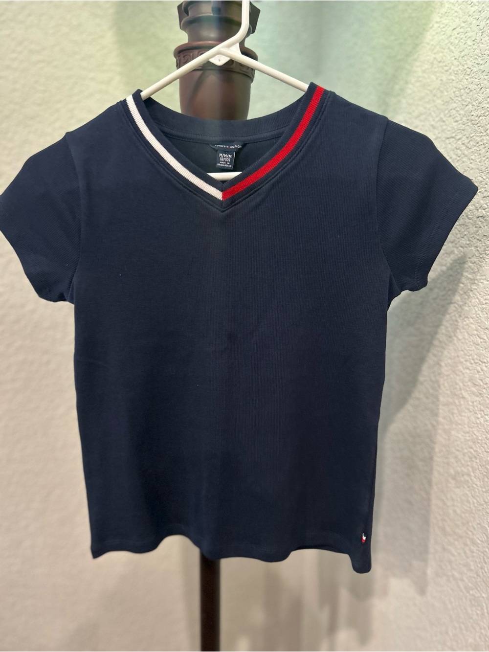 Tommy Hilfiger Navy V‑Neck Tee with Red & White Trim
